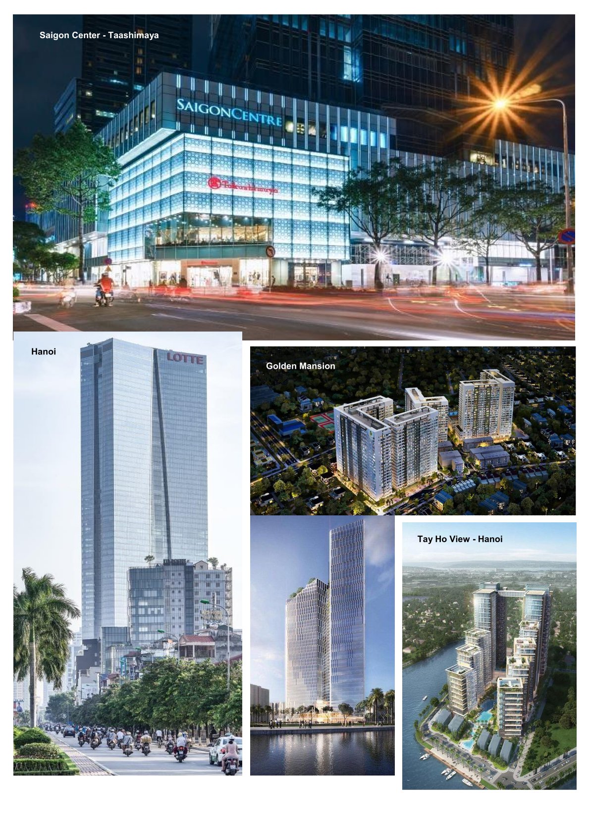 Tổng hợp các dự án cao ốc Saigon Centre Takashimaya, Lotte Hanoi, Golden Mansion và Tay Ho View bên sông